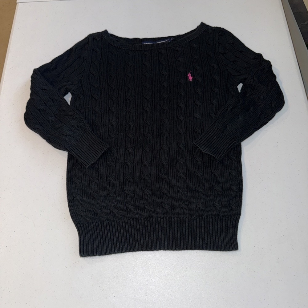 Ralph Lauren Black Cable Knit Sweater with Pink Pony Logo